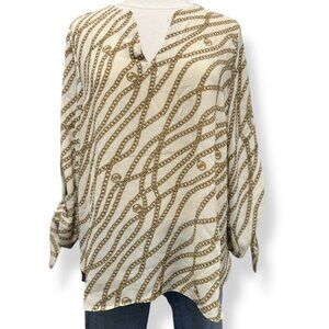 Michael Kors Chain VNeck Tie Sleeve Cream Tunic Shirt Large Dopamine Maximalist